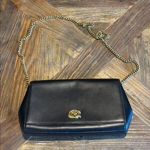Coach Black Leather Shoulder Bag with Gold Chain